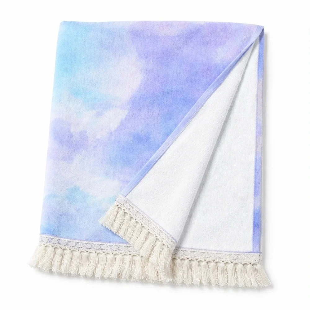 L*Space Beach Towel Tie Dye Purple Blue Cotton Fringe‎ NEW